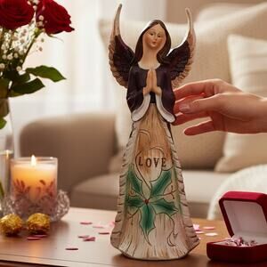 Rustic Angel Figurine 10" Valentine Christmas Decor Carved Wood Look LOVE